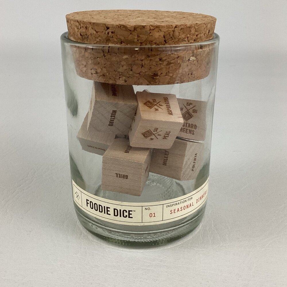 Foodie Dice Seasonal Dinner Inspiration Glass Tumbler Cork Lid Brainstorm Meals